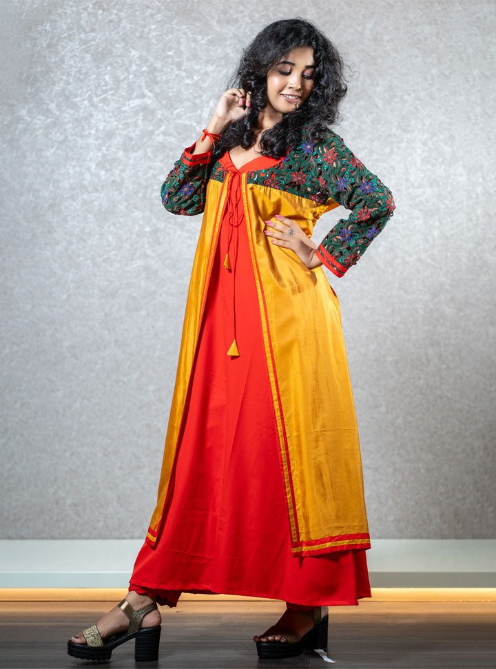 Red & yellow front knotted layered kurti : Designer Collective