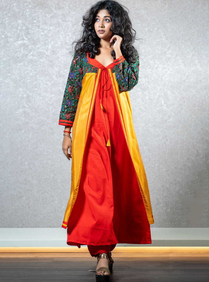 Red & yellow front knotted layered kurti : Designer Collective