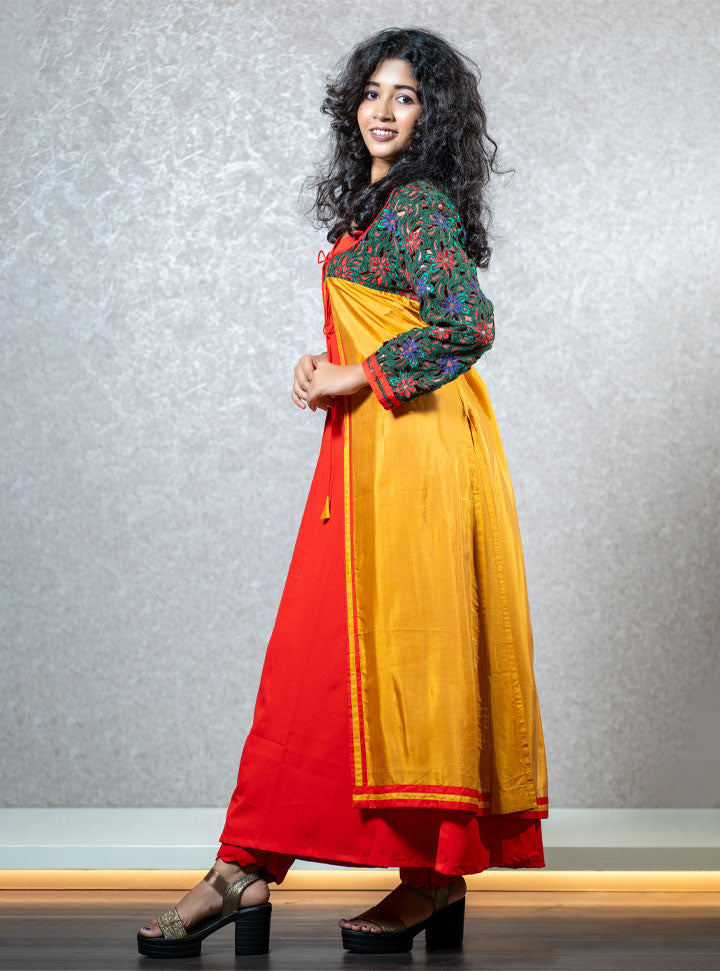 Red & yellow front knotted layered kurti : Designer Collective
