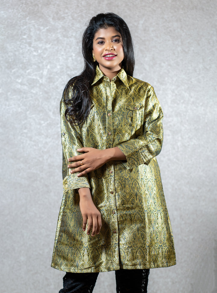 Glossy green ethnic printed shirt : Designer Collective