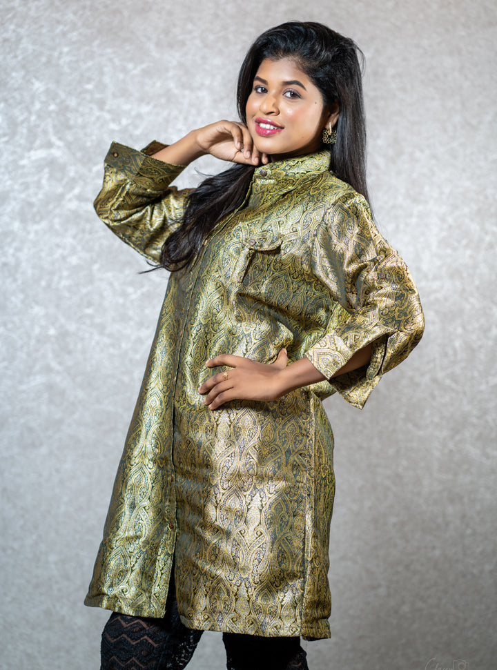 Glossy green ethnic printed shirt : Designer Collective
