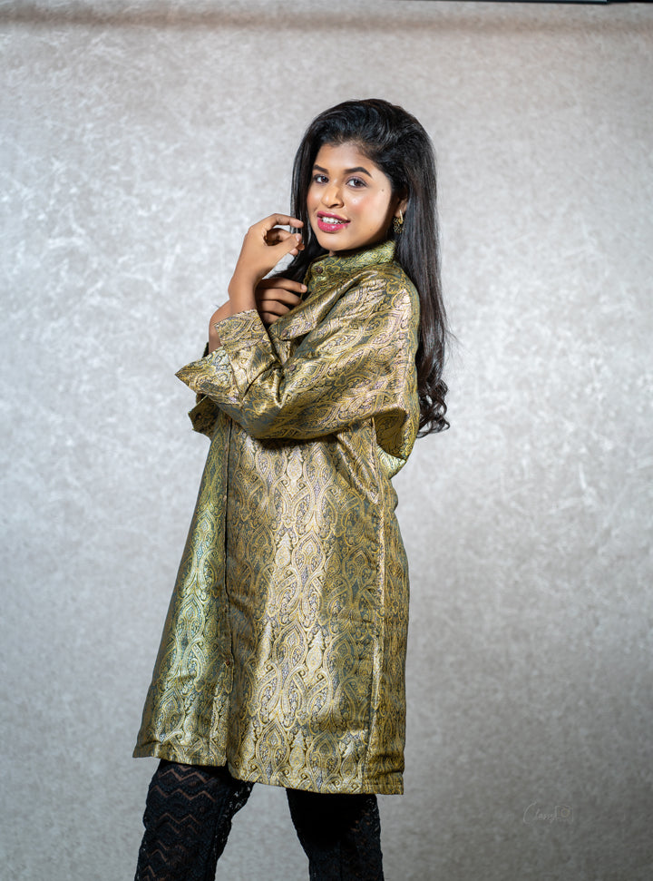 Glossy green ethnic printed shirt : Designer Collective