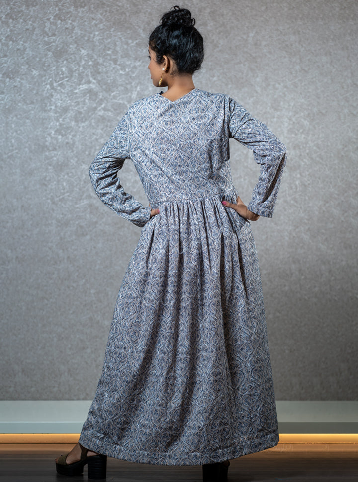 Full sleeve blue printed long dress : Designer Collective