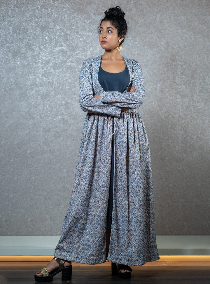 Full sleeve blue printed long dress : Designer Collective