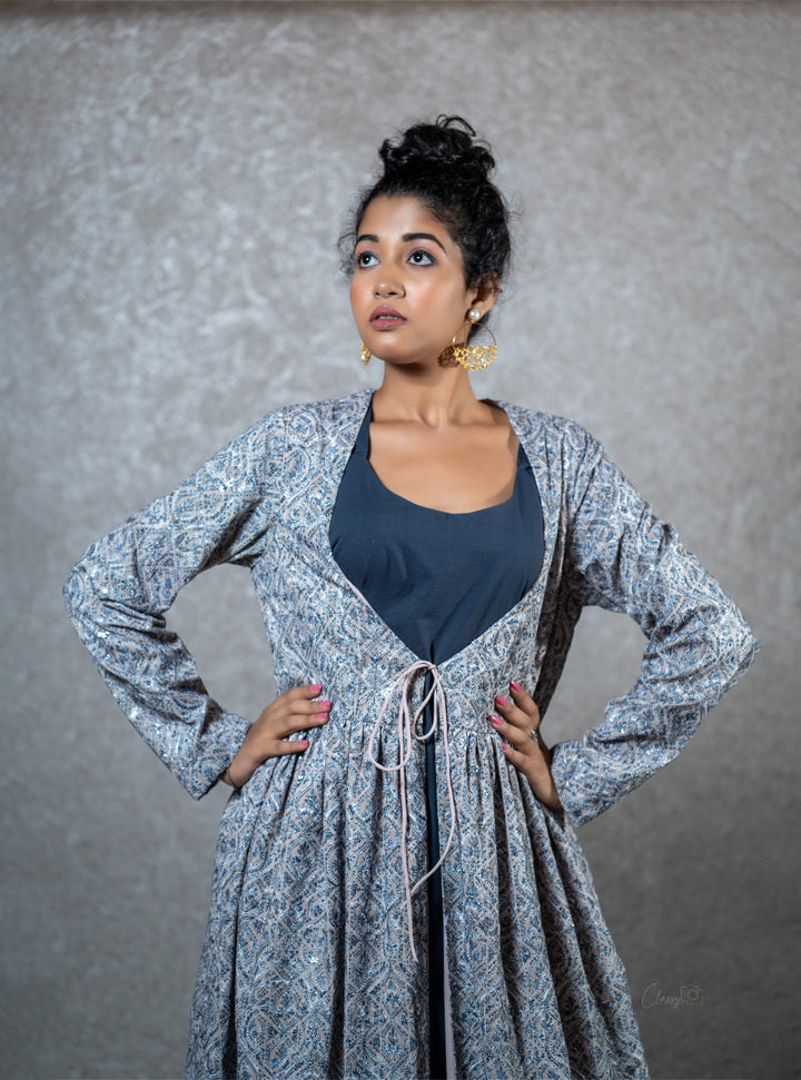 Full sleeve blue printed long dress : Designer Collective