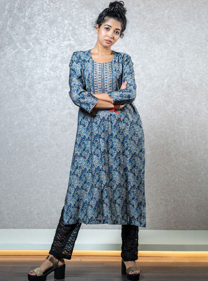 Printed blue long kurti : Designer Collective