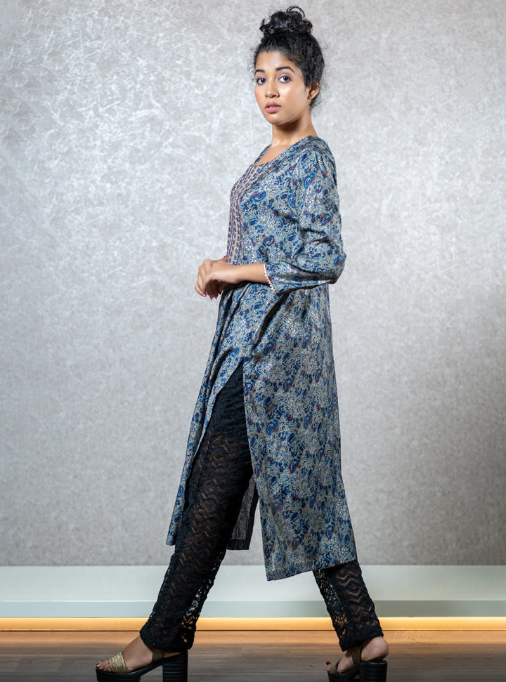 Printed blue long kurti : Designer Collective