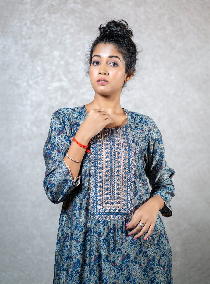 Printed blue long kurti : Designer Collective