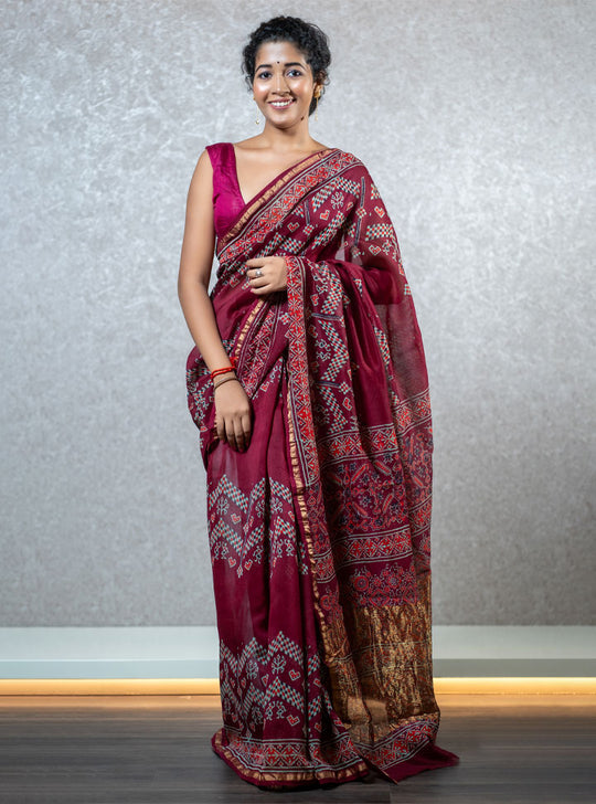 Maroon ethnic printed designer saree : Designer Collective