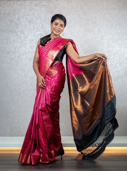 Hot pink and blue ethnic printed saree : Designer Collective