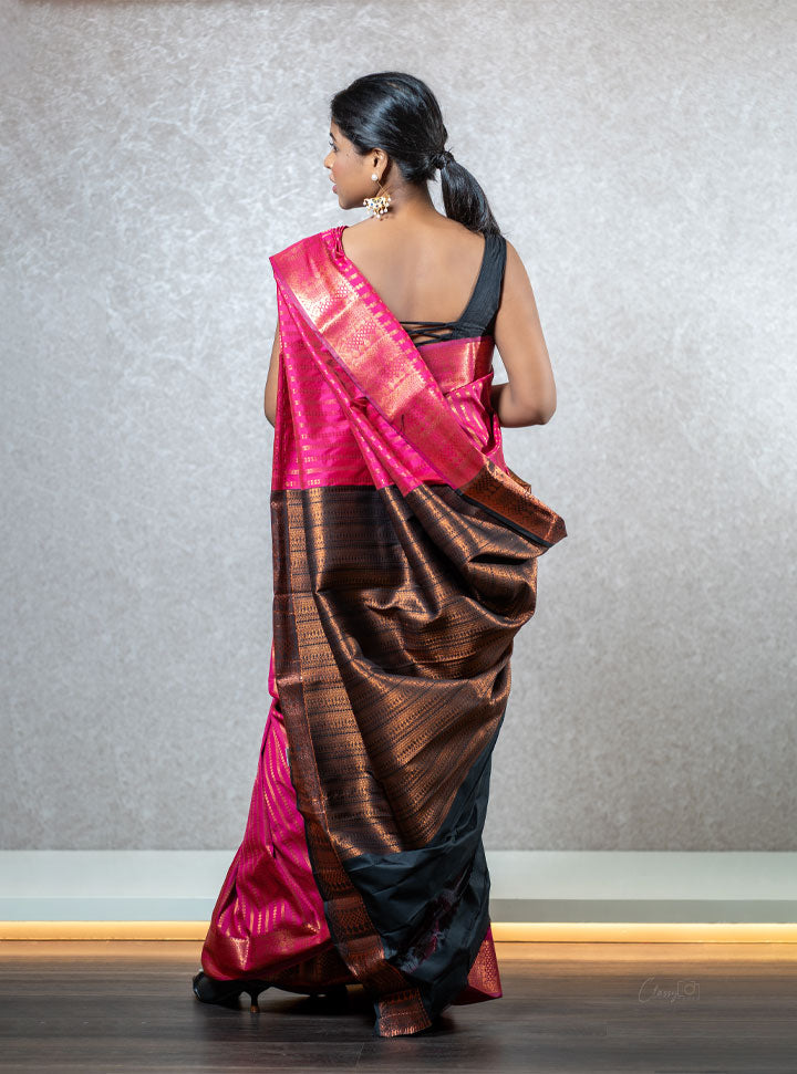 Hot pink and blue ethnic printed saree : Designer Collective