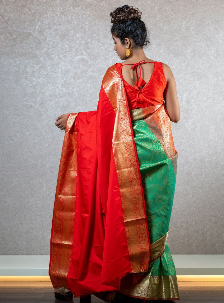Bright red and green ethnic designer saree : Designer Collective