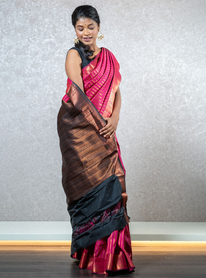 Hot pink and blue ethnic printed saree : Designer Collective