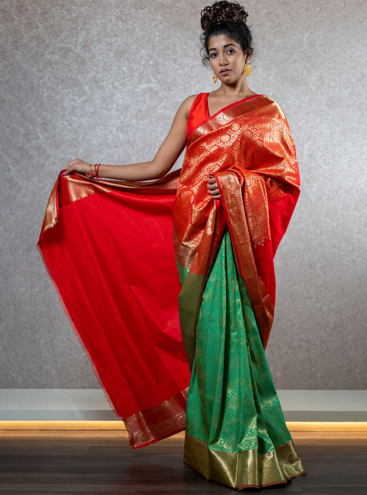 Bright red and green ethnic designer saree : Designer Collective