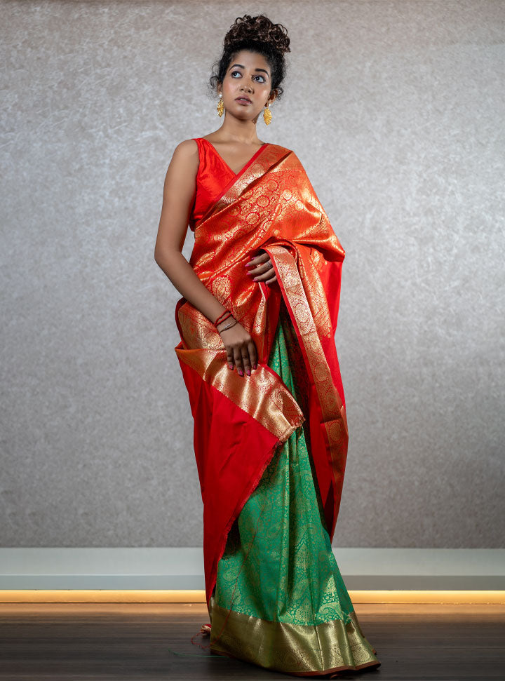 Bright red and green ethnic designer saree : Designer Collective