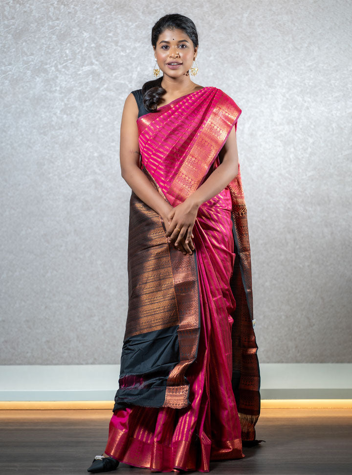 Hot pink and blue ethnic printed saree : Designer Collective