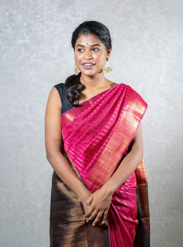 Hot pink and blue ethnic printed saree : Designer Collective