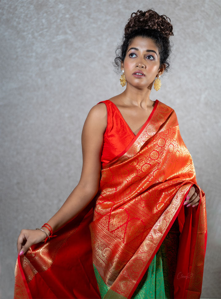 Bright red and green ethnic designer saree : Designer Collective