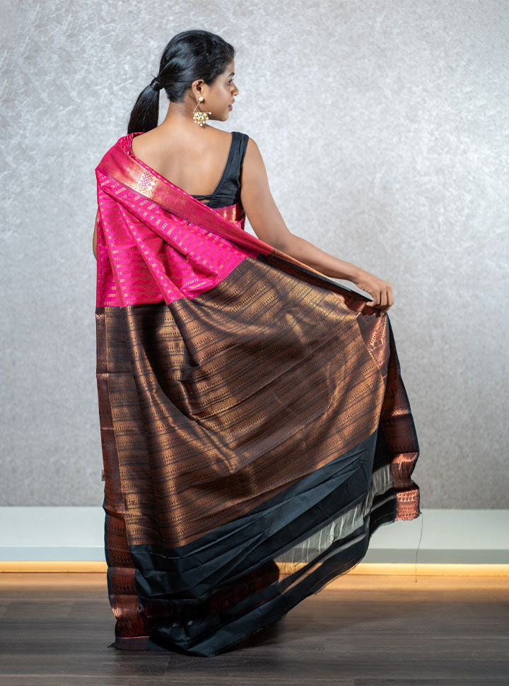Hot pink and blue ethnic printed saree : Designer Collective