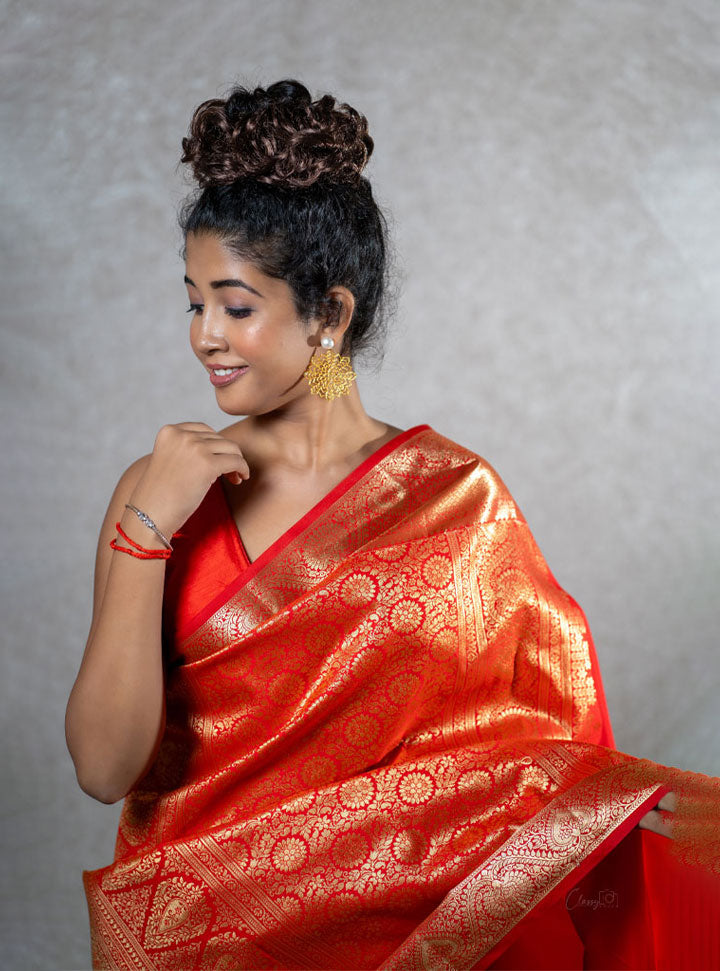 Bright red and green ethnic designer saree : Designer Collective