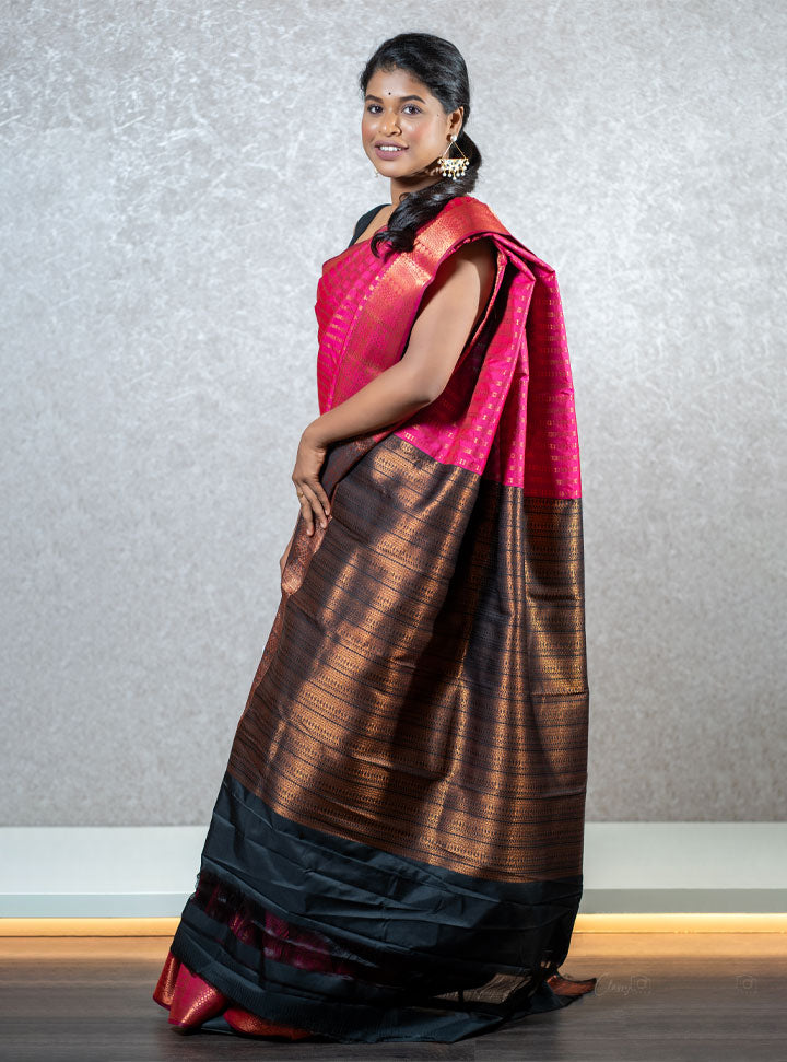 Hot pink and blue ethnic printed saree : Designer Collective