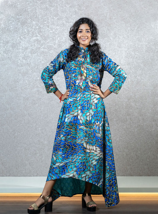 Wings printed blue long dress : Designer Collective