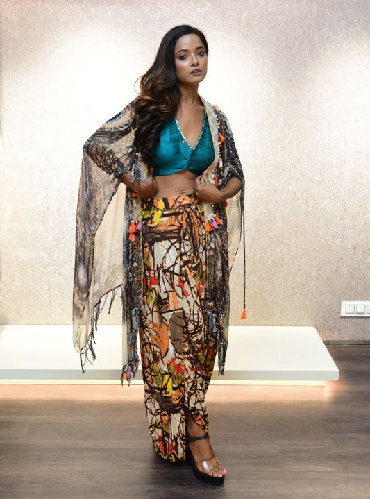 Multi colored printed 3 pc dhoti set for women : Designer Collective