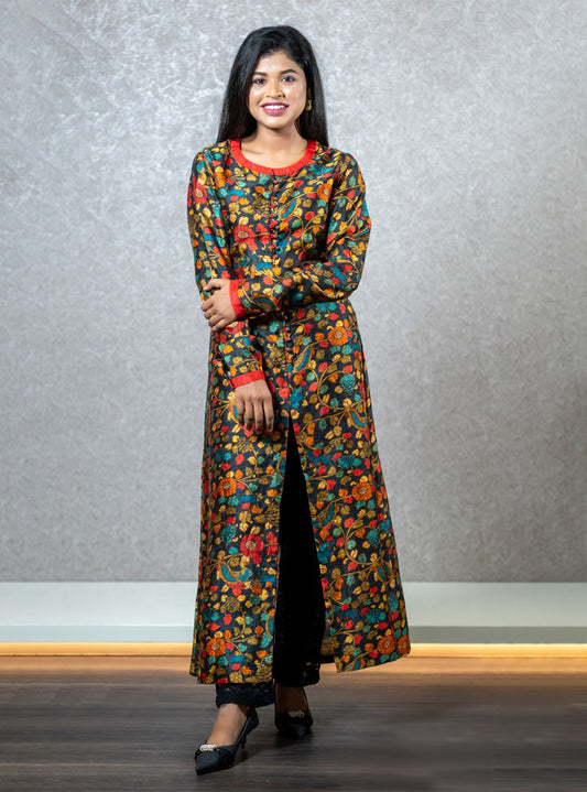 Floral printed front cut long kurti